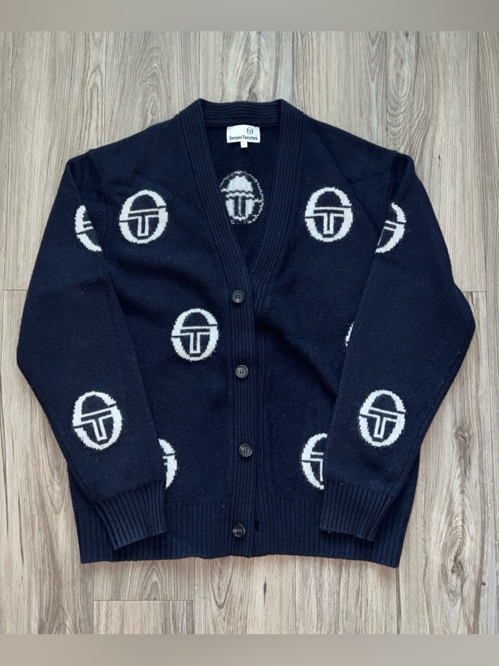 Sergio Tacchini Cucire Cardigan Maritime Blue SIZE M 100% Merino Wool
